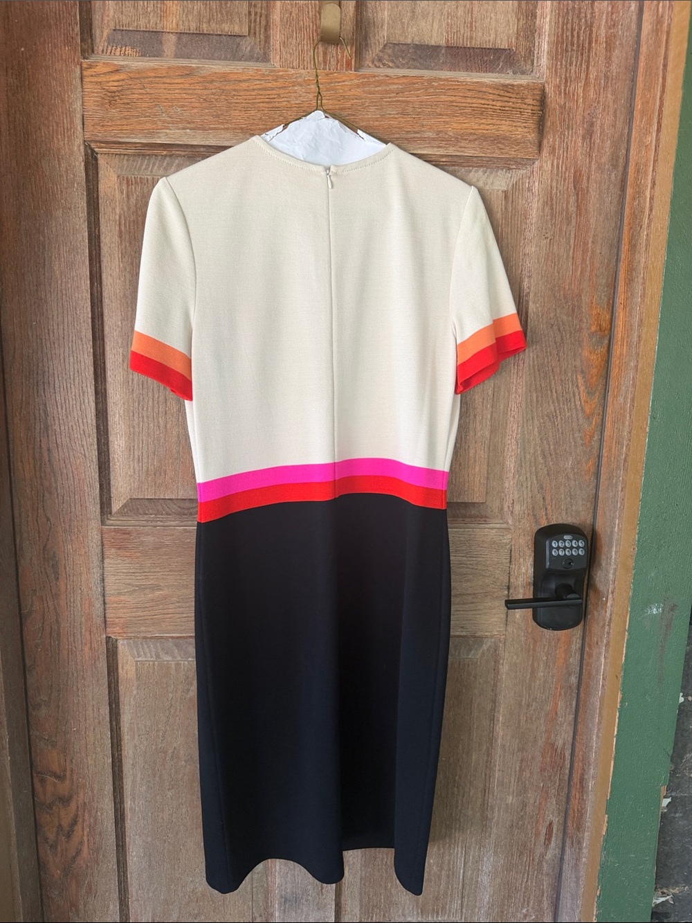 St. John Cream & Black Short Sleeve Colorblock Dress with Pink and Red Stripes - Picture 3 of 10